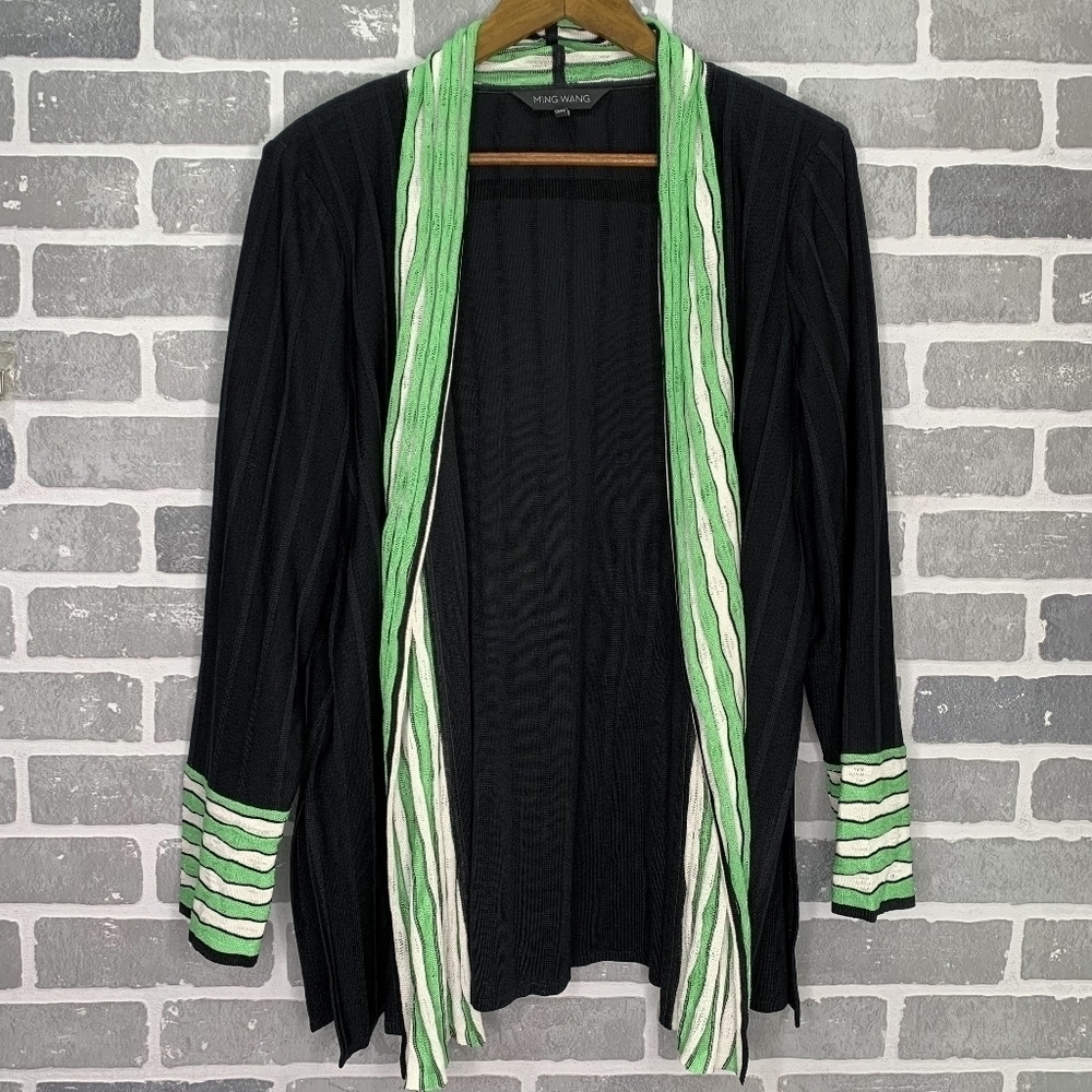 Ming Wang Cardigan Black with Green White Trim Open Front Size‎ 0X